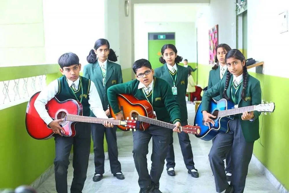 Students at music practice - school corridor